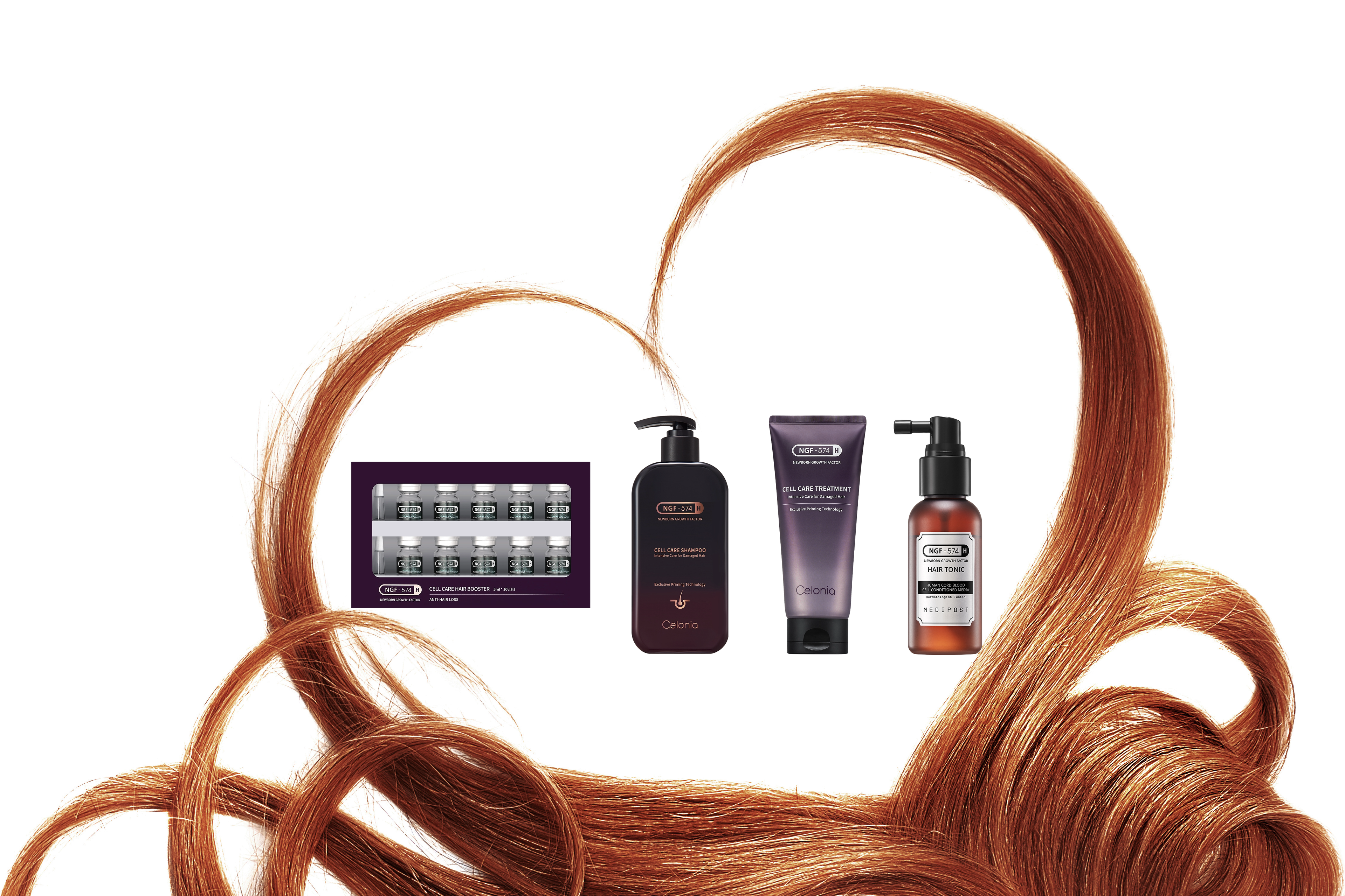 Hair care products with a strand of red hair on a white background