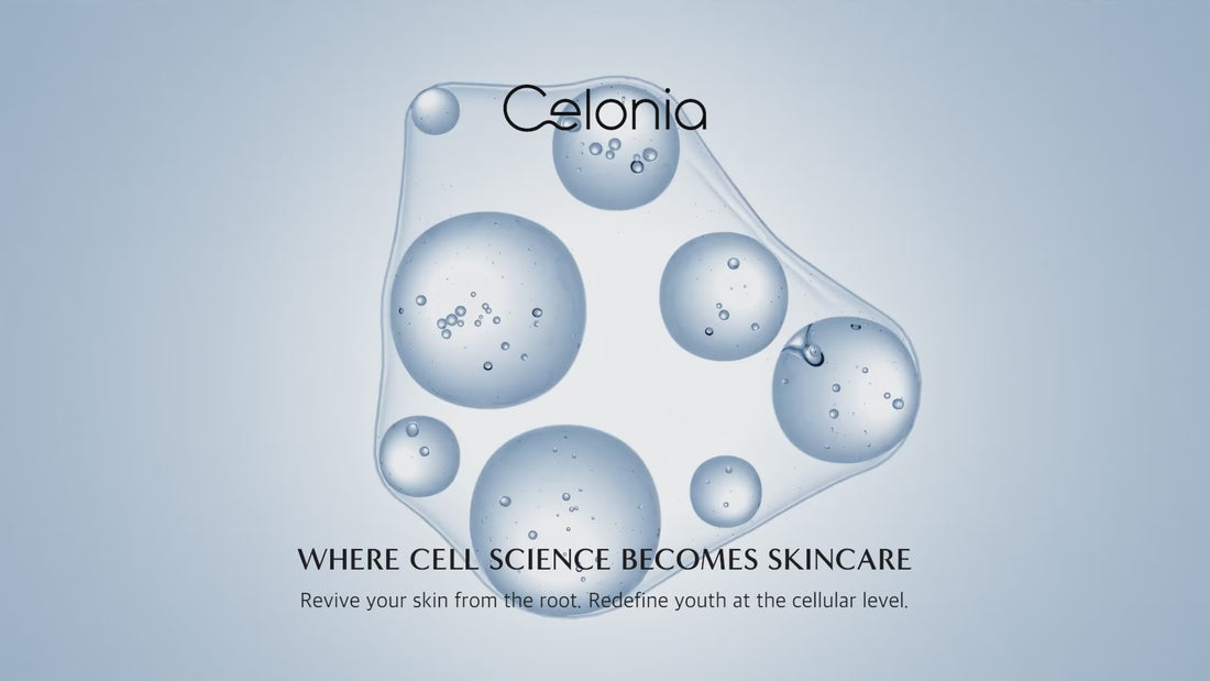 Celonia skincare video with serum bubbles and tagline ‘Where Cell Science Becomes Skincare’ promoting cellular-level rejuvenation