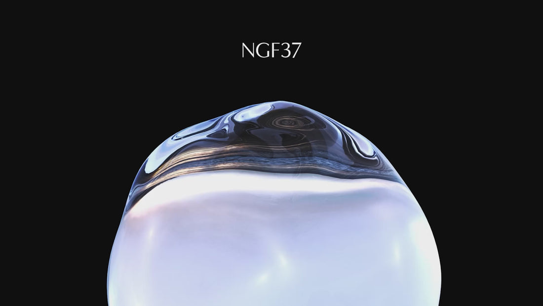 NGF37 skincare ingredient animation with a futuristic liquid droplet on a black background, highlighting anti-aging science