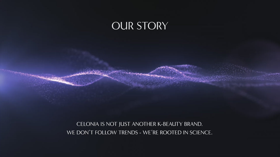 Celonia Our Story video intro with shimmering purple waves, highlighting the brand’s science-based skincare philosophy.