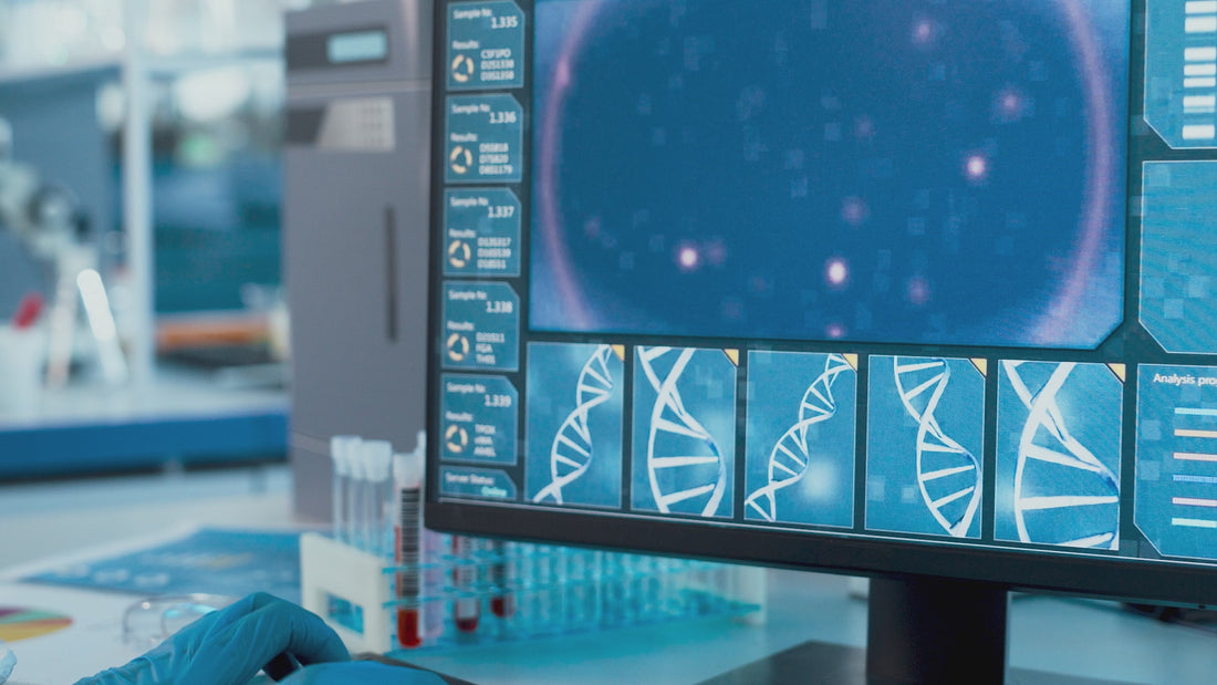 Close-up of a digital lab screen showing DNA helix graphics and scientific data analysis for Celonia’s skincare innovation